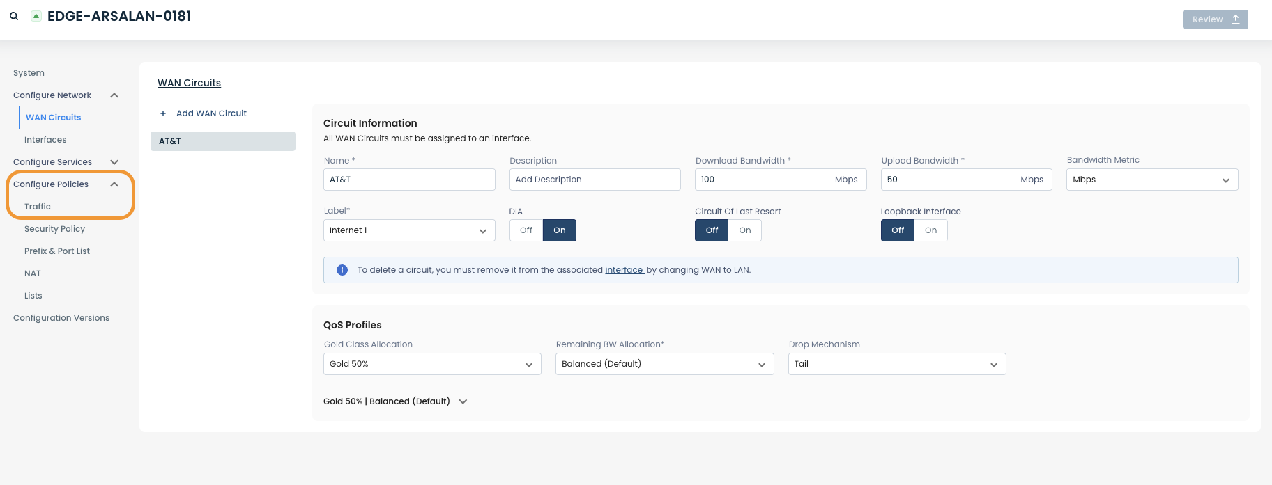 Configuration settings for WAN circuits, including bandwidth and QoS profiles.